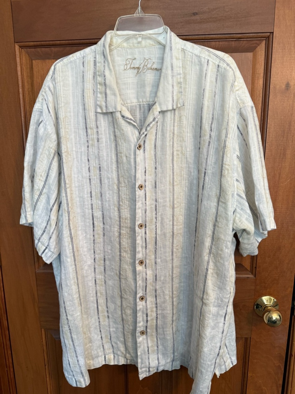 Tommy Bahama Light Blue and White Striped Linen Camp Shirt